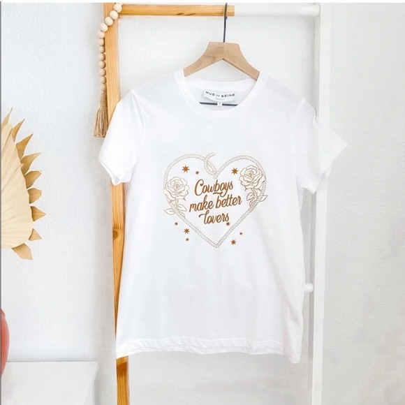 Rue de Seine Cowboys Make Better Lovers Tee White Brown Bridal Crewneck NWT S - Picture 3 of 15